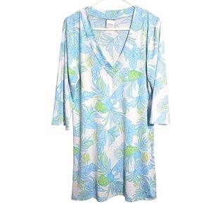 Stella Parker Womens Tropical Dress Vneck Large Blue Casual Beach Coast Vacation